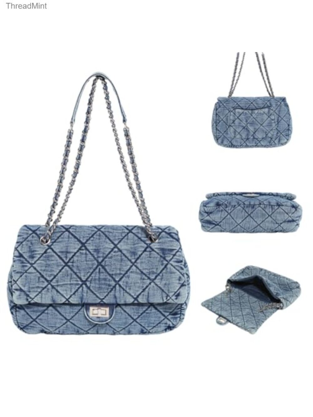 Quilted Denim Tote Bag Women Large Capacity Vintage Shoulder Handbag Chain